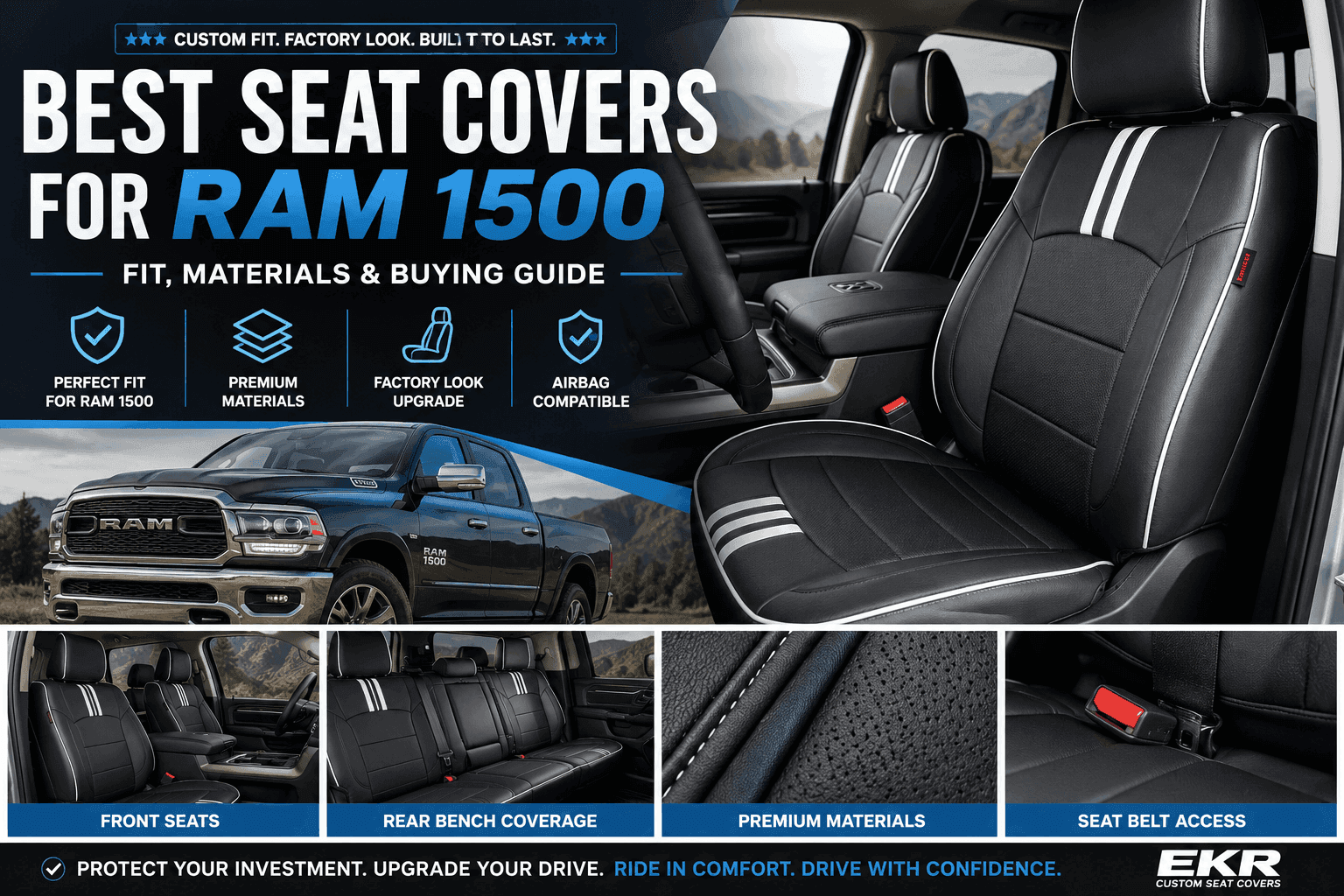 Ram 1500 interior with custom-fit black seat covers showing front seats, rear bench coverage, premium materials and seat belt access