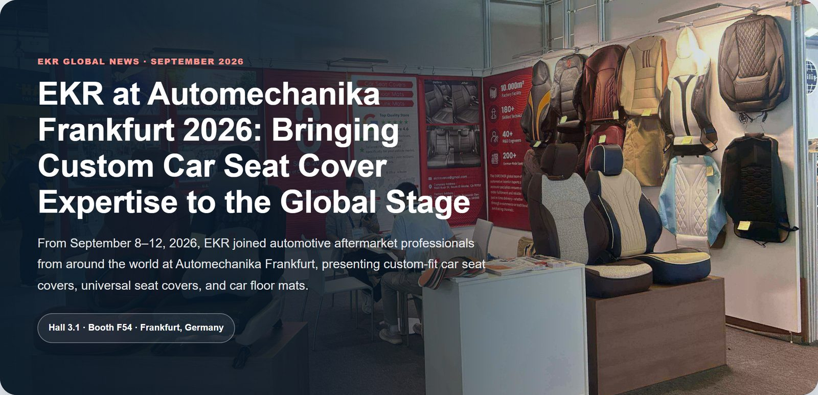 EKR booth at Automechanika Frankfurt 2026 showcasing custom-fit car seat covers at Hall 3.1, Booth F54