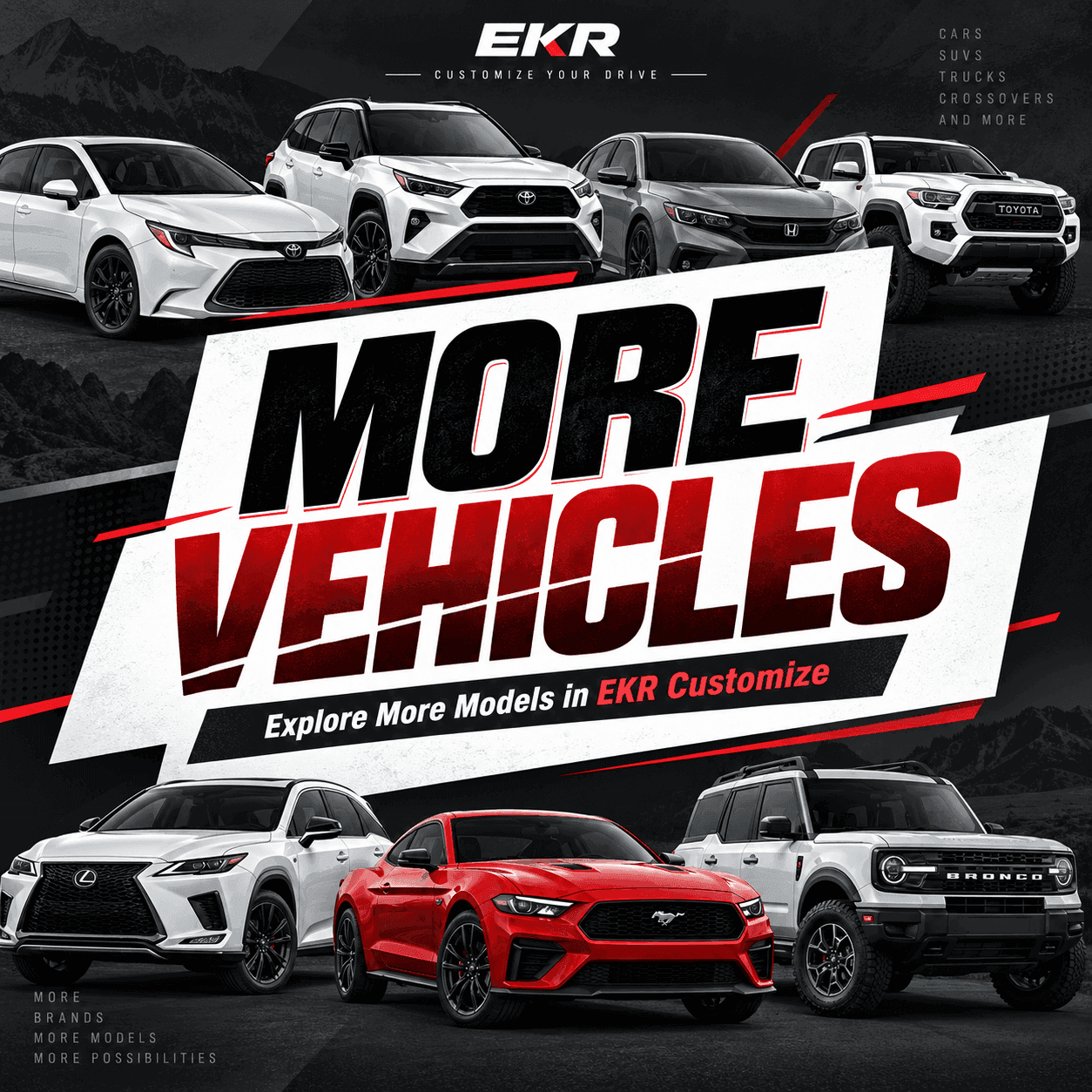 EKR vehicle lineup graphic promoting more supported models and directing drivers to explore custom-fit seat cover options in EKR Customize