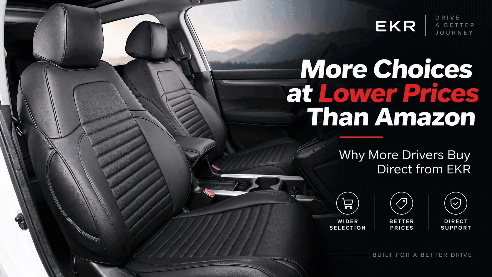 EKR official website vs Amazon seat cover buying guide featuring black custom-fit seat covers and a direct shopping comparison