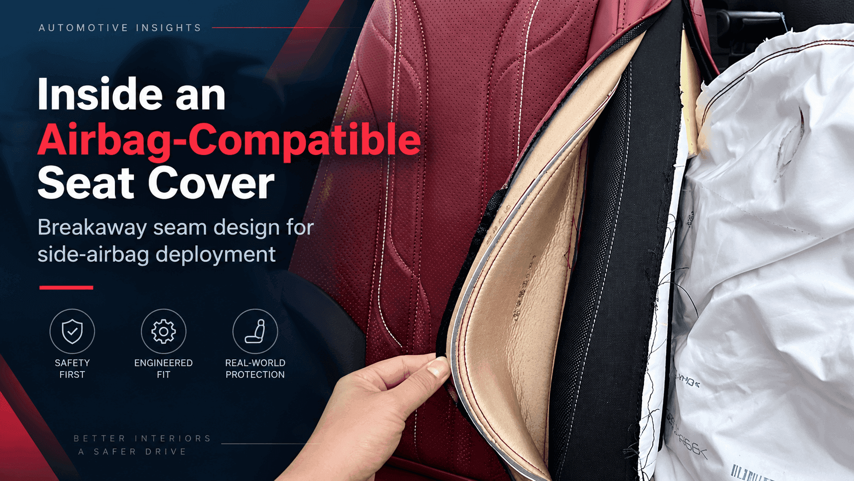 Honda CR-V airbag-compatible seat cover showing breakaway seam construction beside the original seat-mounted side airbag
