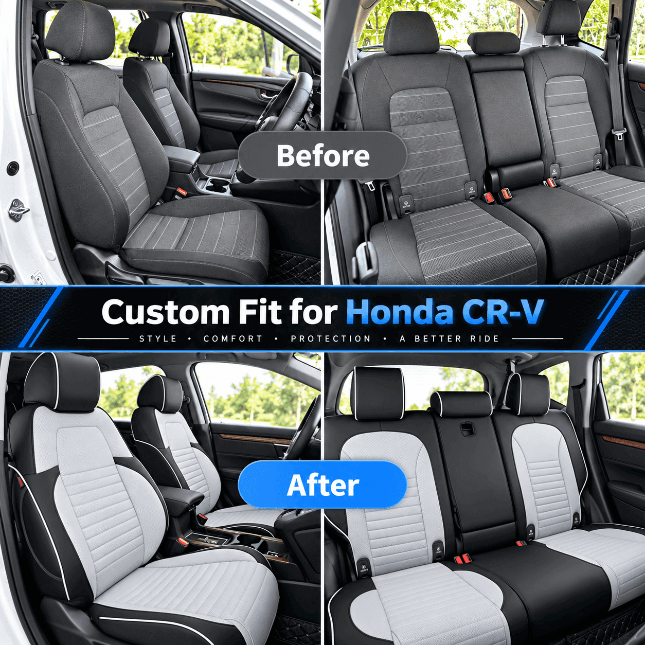 EKR seat cover customization guide showing how to choose vehicle, style, color, material and embroidery online