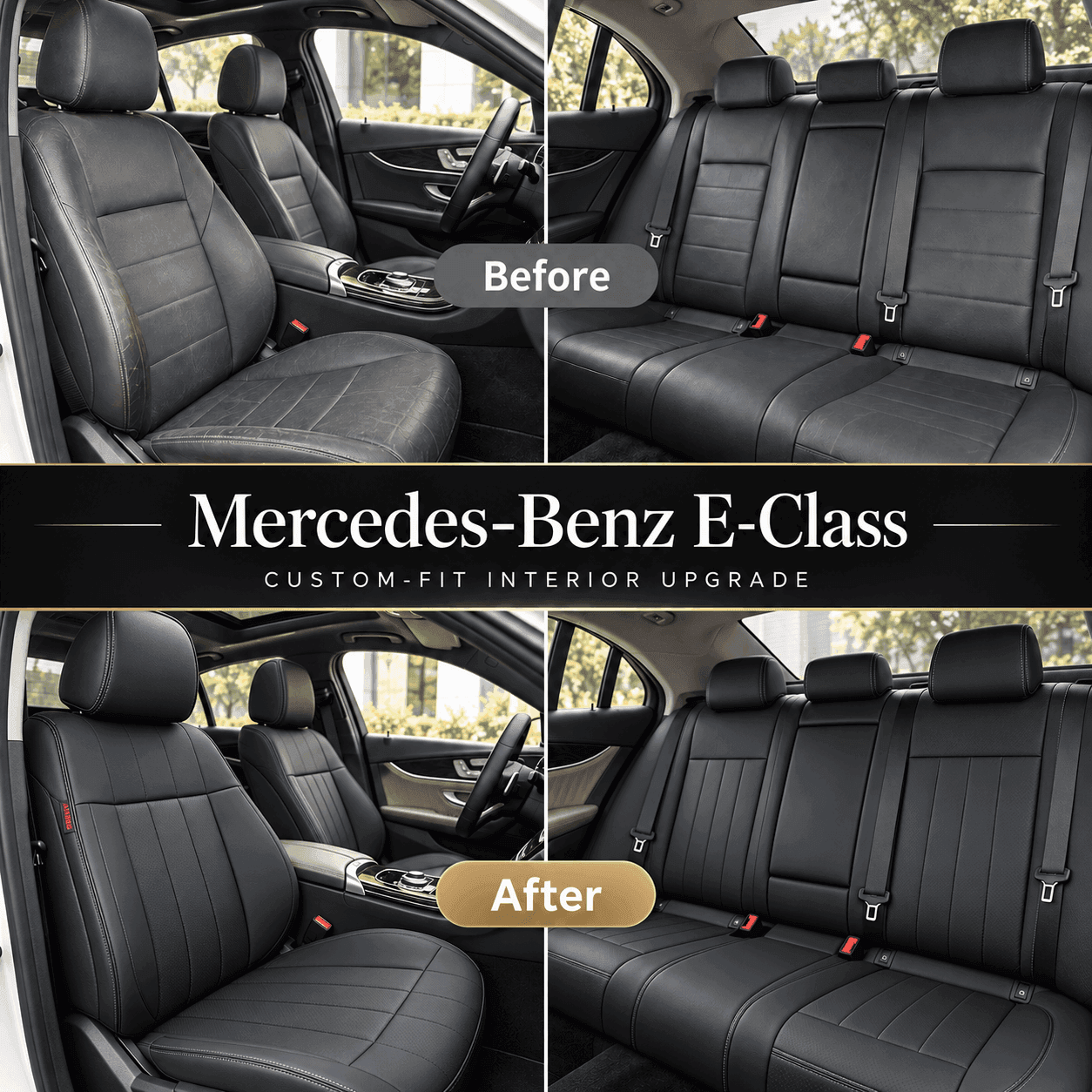 Before and after Mercedes-Benz E-Class interior comparison showing black custom-fit seat covers on the front and rear seats