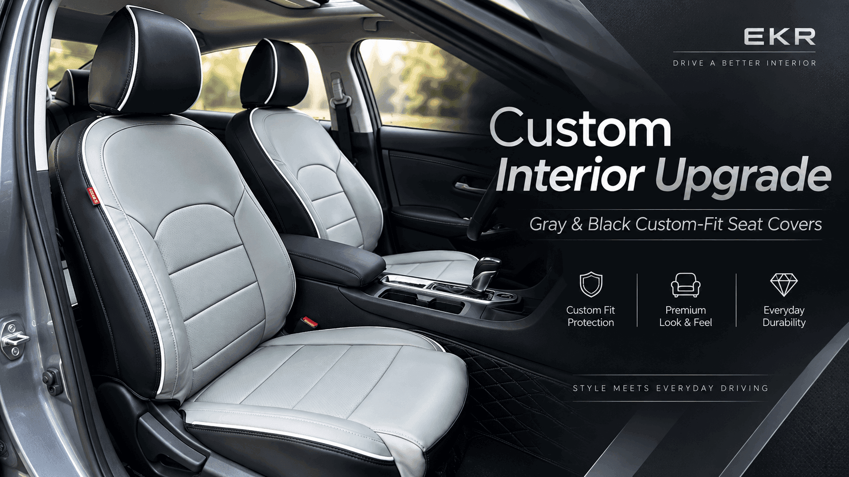 Nissan Sentra interior upgraded with gray and black custom-fit seat covers on the front seats
