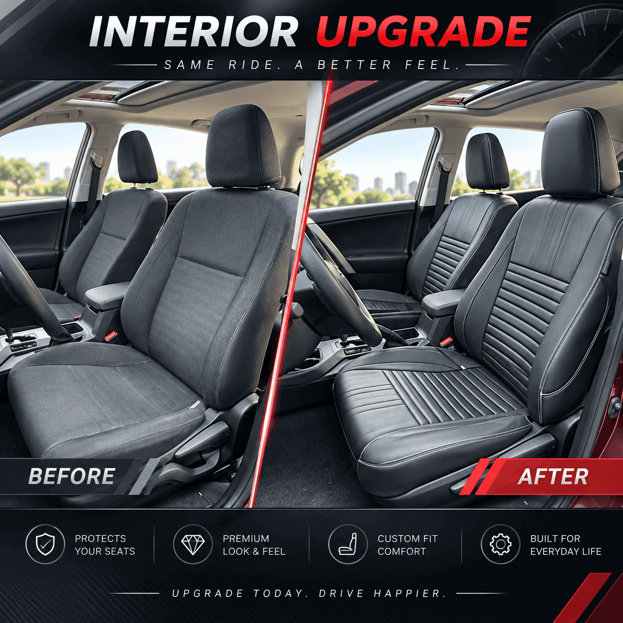 Before and after car interior showing gray factory seats upgraded with black custom-fit seat covers