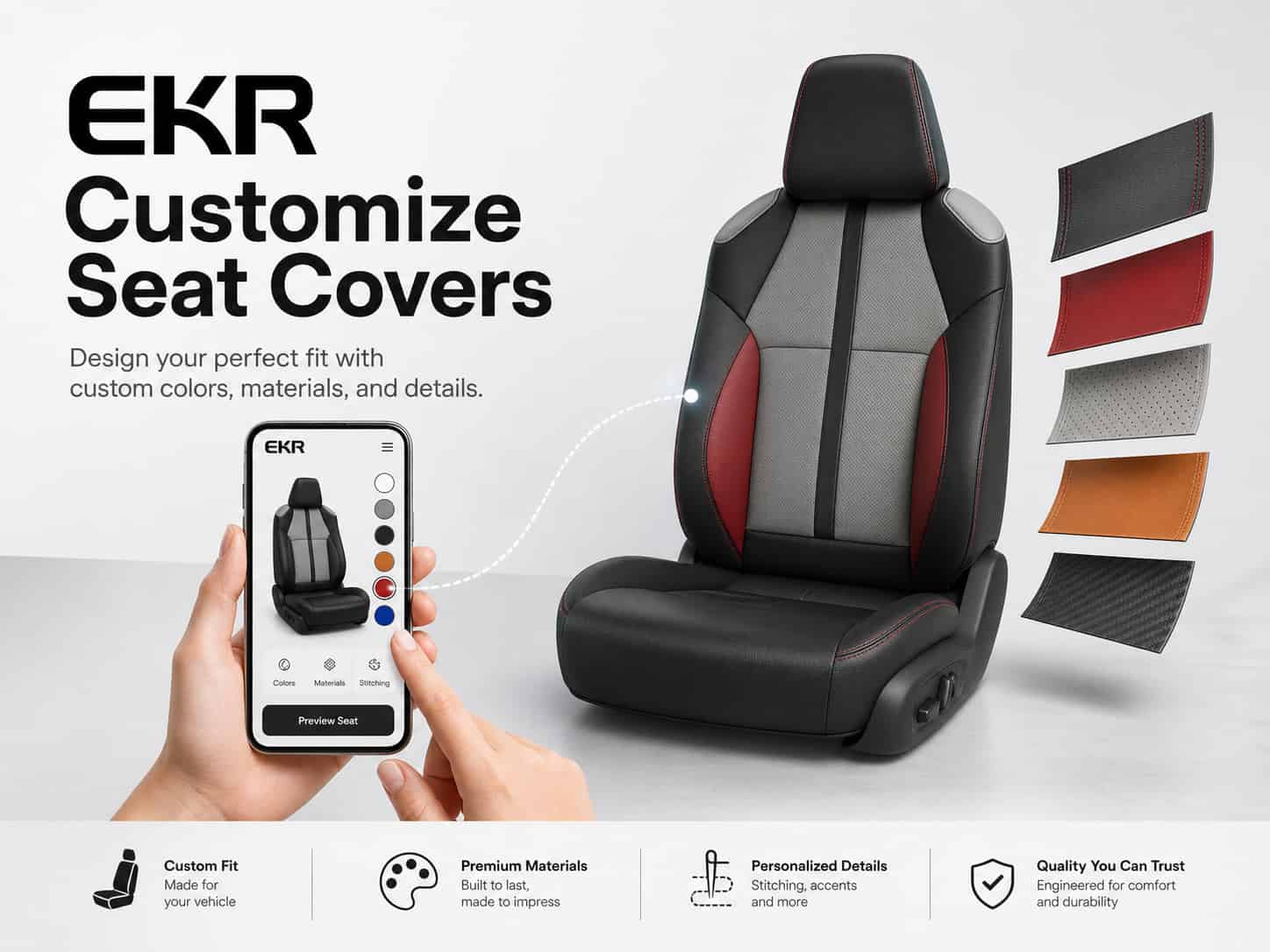 Color and material choices for personalized seat covers