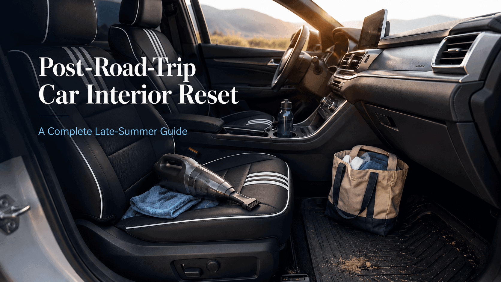 Post-road-trip car interior reset featuring EKR black seat covers with white stripes