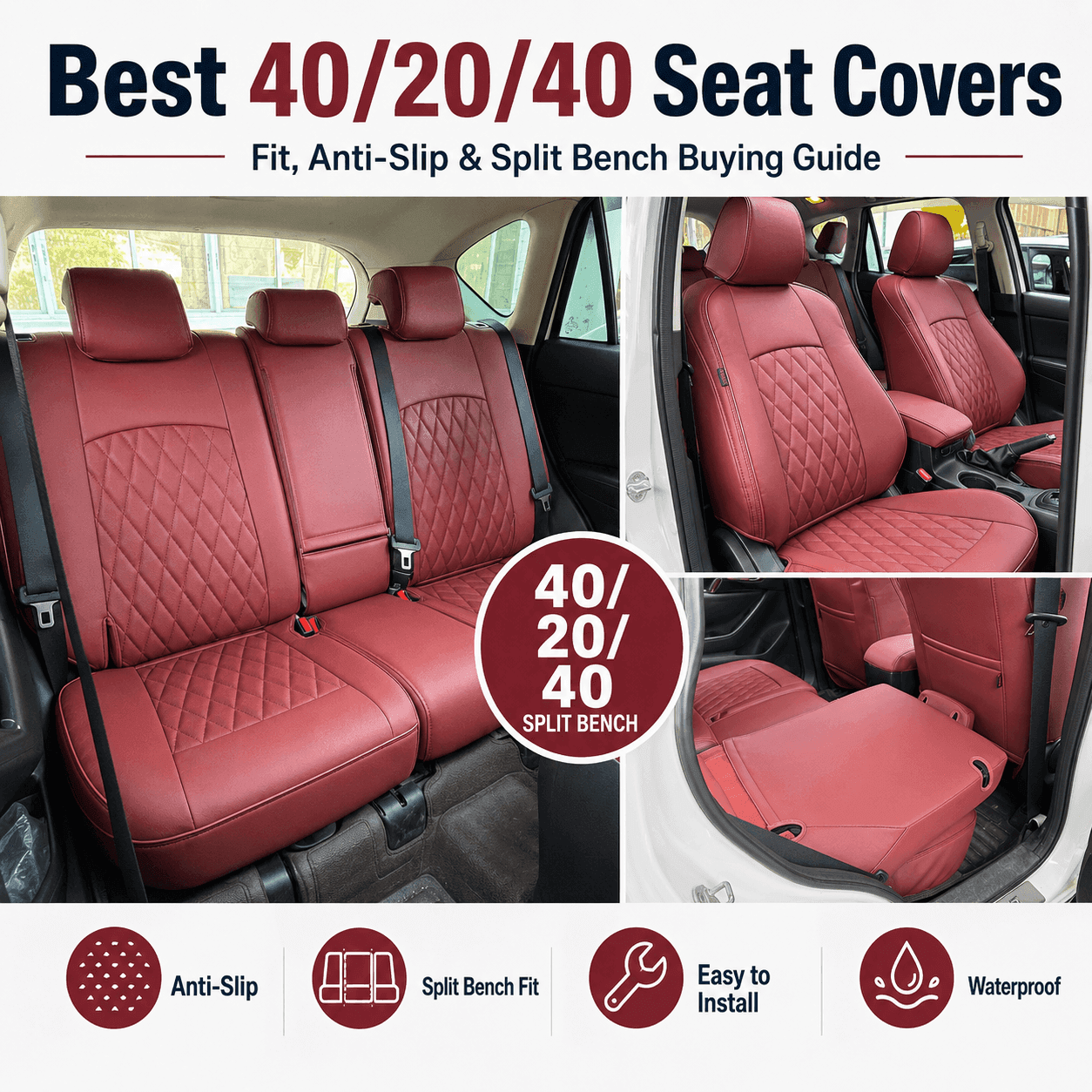 Red custom-fit 40/20/40 split bench seat covers showing front seats, rear bench fit, fold-down seat function and anti-slip design