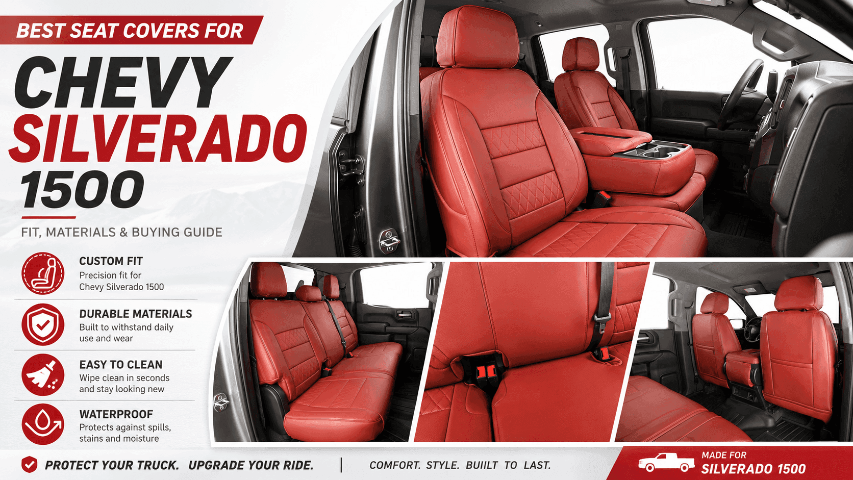 Chevy Silverado 1500 interior with red custom-fit seat covers showing front seats, rear bench, seat belt access and durable material details