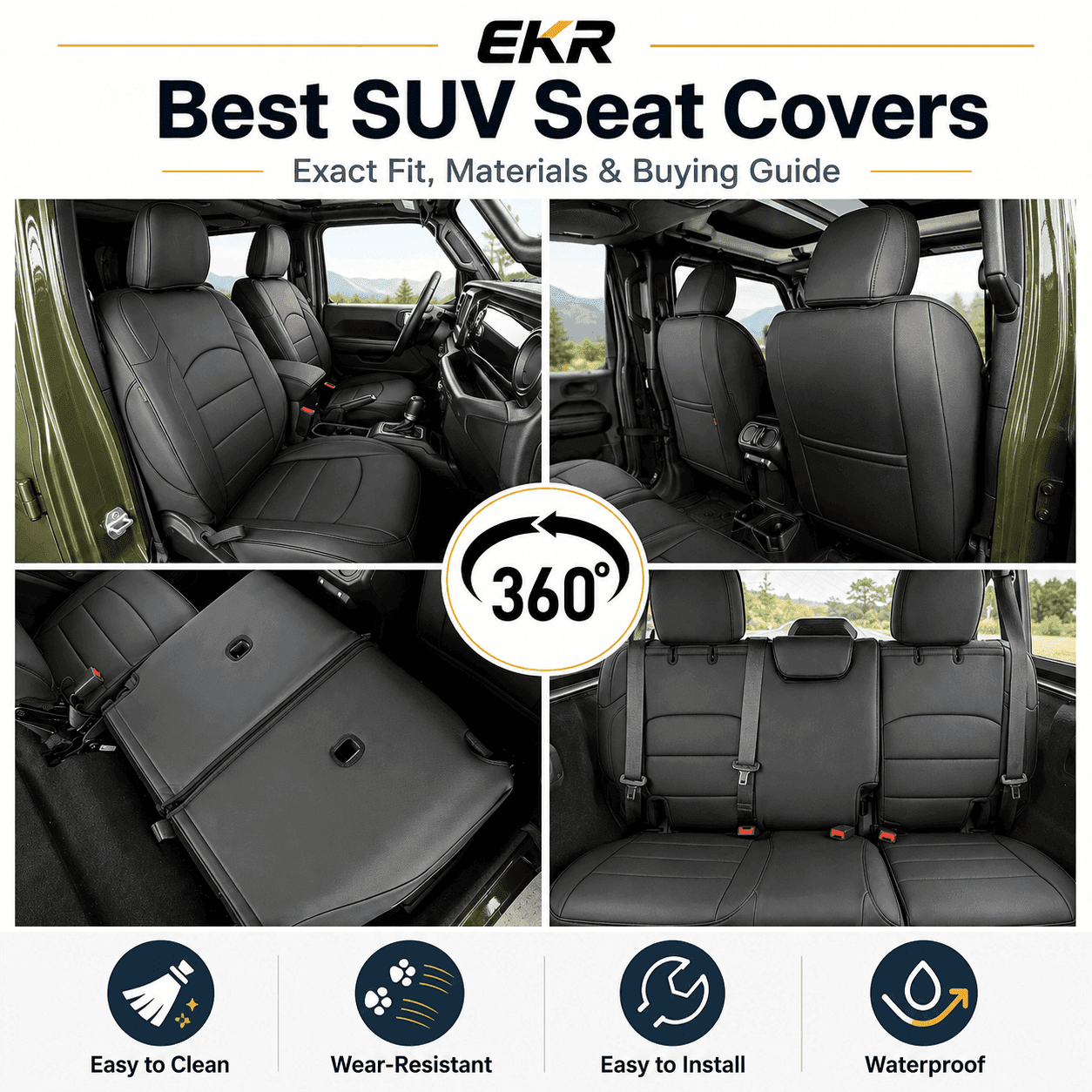 SUV interior with custom-fit black seat covers showing front seats, rear seats, fold-down seat function and full-coverage fit