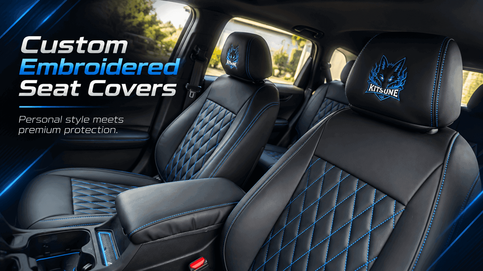 Black custom-fit seat covers with blue contrast stitching and personalized headrest embroidery inside a vehicle