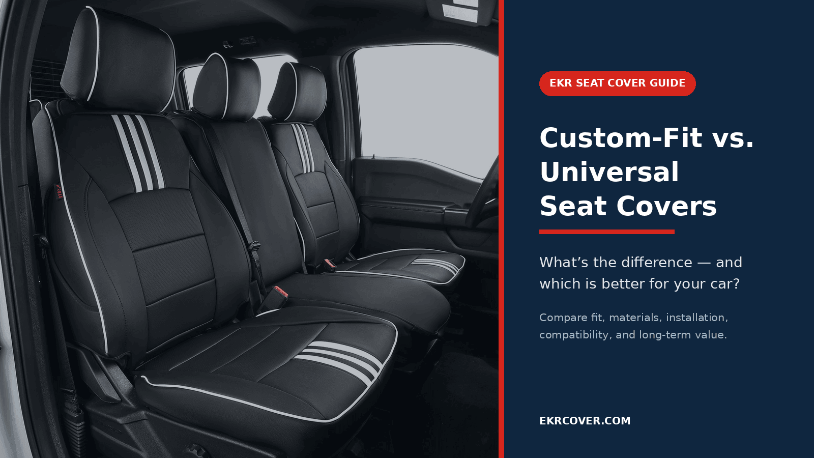EKR custom-fit black seat covers featured in a custom-fit vs universal seat cover comparison guide