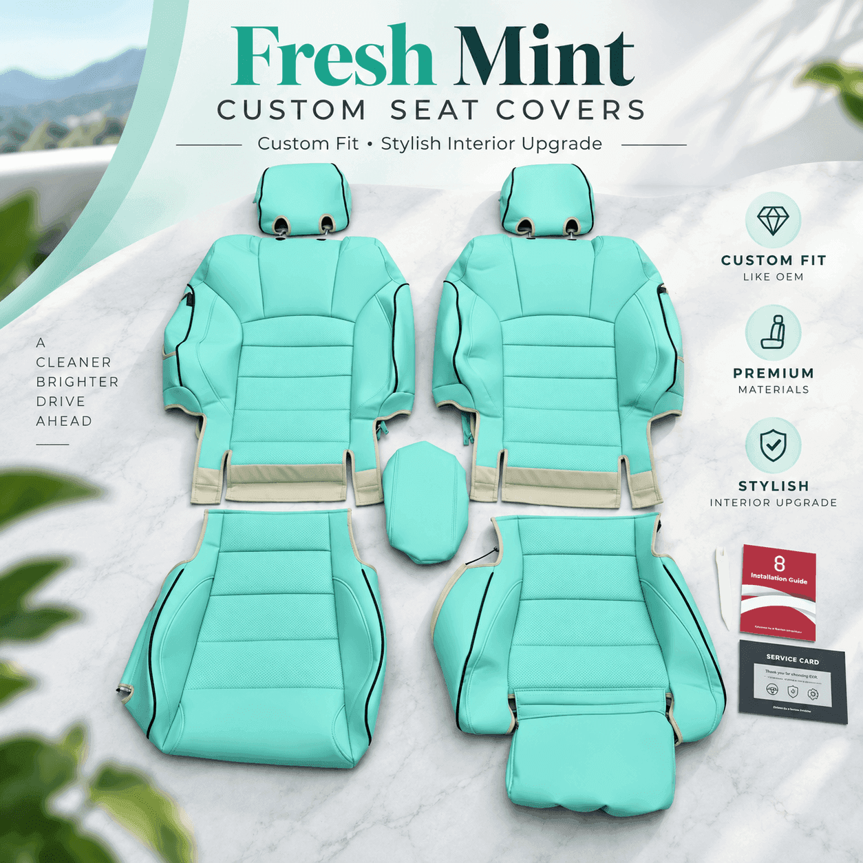 Mint green EKR custom-fit seat cover set displayed for vehicle fitment and pattern development