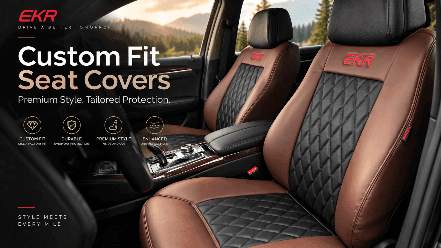 Brown and black EKR custom-fit seat covers installed in a vehicle interior with quilted center panels and embroidered EKR logos