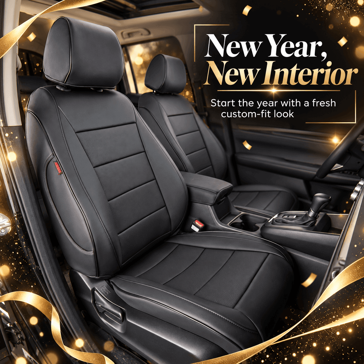 New Year car interior reset featuring black custom-fit seat covers with a clean premium cabin upgrade theme