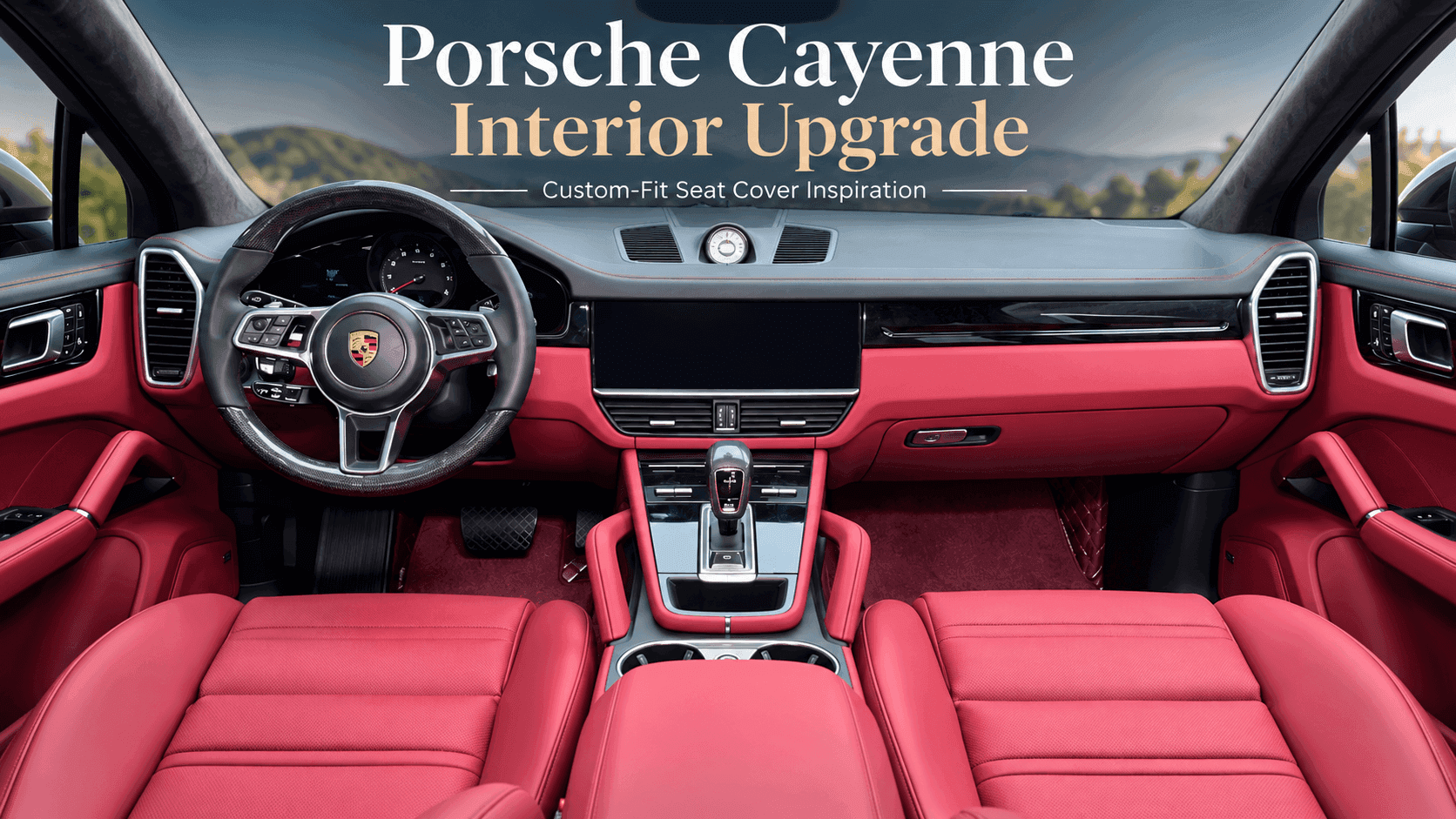 Porsche Cayenne front seats with Burgundy custom-fit seat covers showing contoured fit, perforated center panels and factory seat details