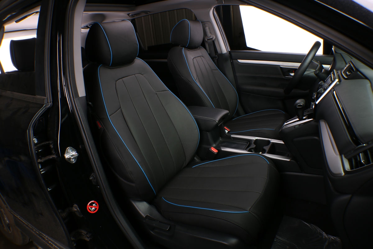 honda crv ekr custom seat covers m333 black leather with blue piping edge 1