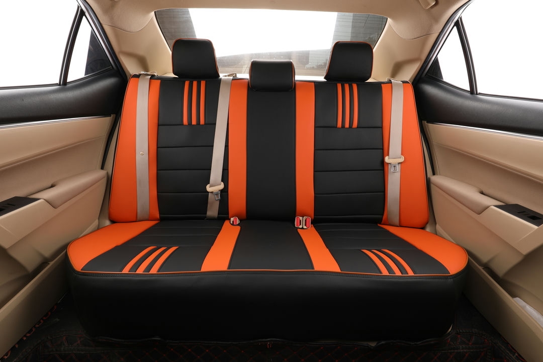 toyota corolla ekr custom seat covers ad black leather with orange stripes and edge stitching 6