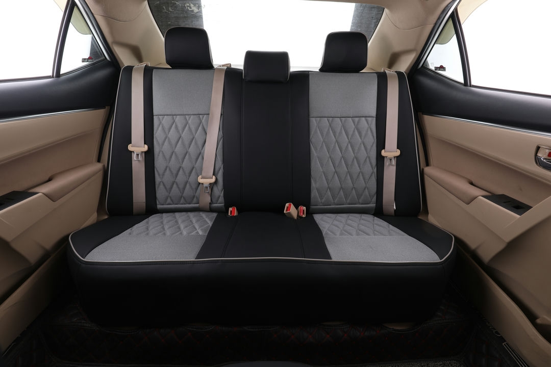 toyota corolla ekr custom seat covers tm81 black leather and gray icesilk with middle diamond pattern with edge gray piping 7